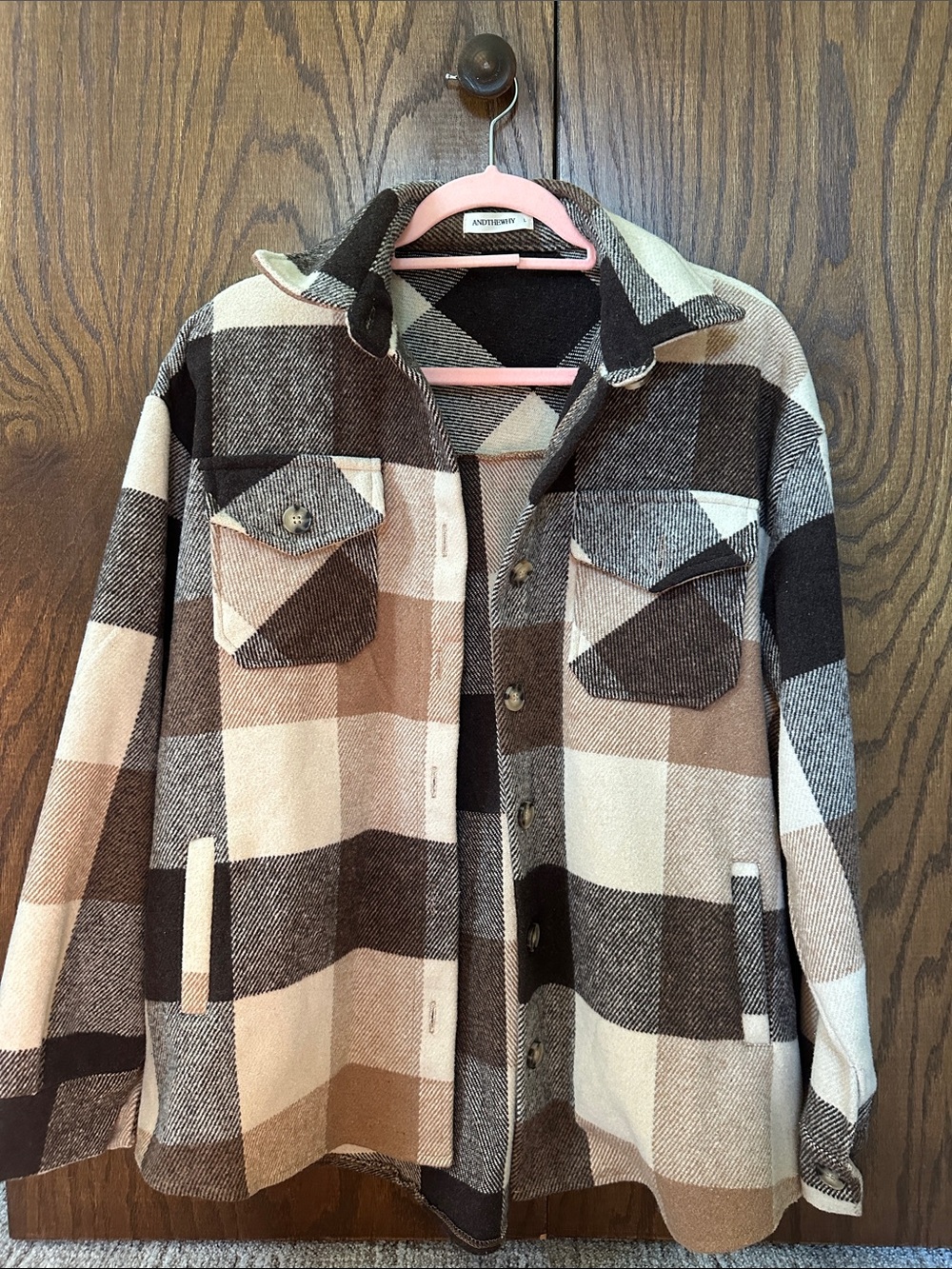 Anthewhy Brown, Cream & Tan Plaid Button-Up Shacket